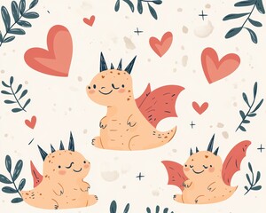 Fototapeta premium Charming Valentine's Day Set Combining Cute Monsters and Hearts