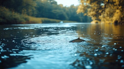 Fly fisherman casting in a serene river environment at dawn, showcasing a rainbow trout breaking the water surface amidst gentle ripples and greenery.