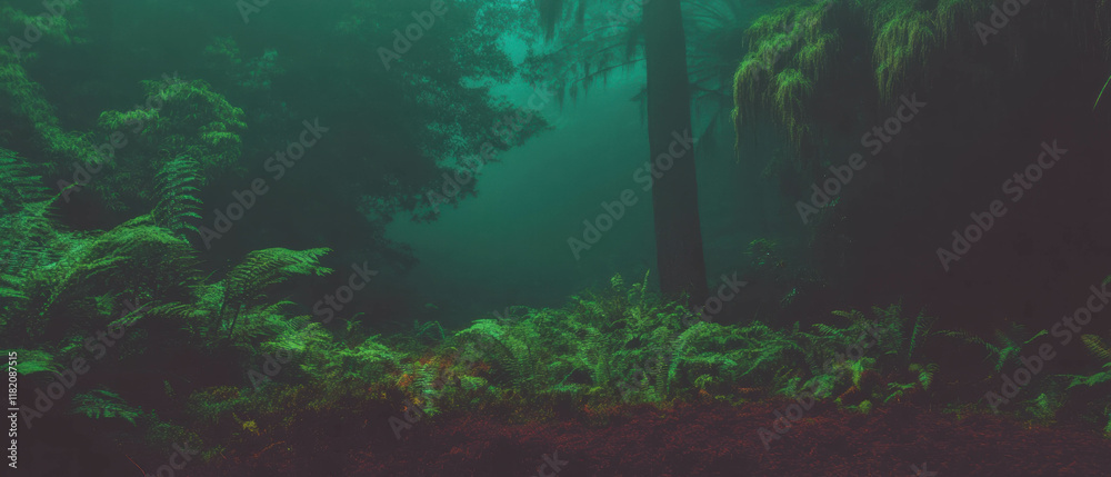 Poster mysterious rainforest enveloped in mist and lush greenery