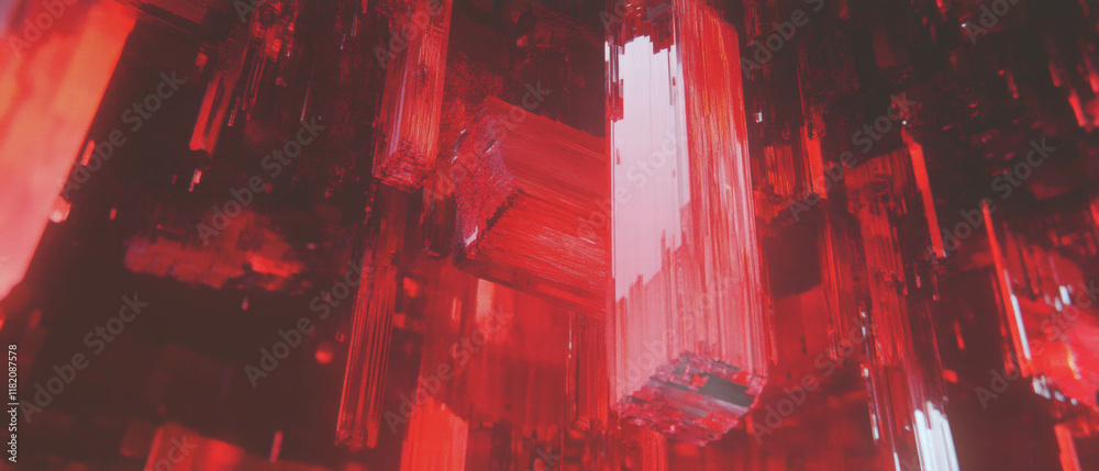 Fototapete Glitch distortion creating chaotic red digital error with vibrant and fragmented visuals
