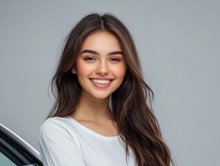 Fototapeta premium Smiling young woman holding car keys in hand, dressed in white, set against a soft gray background, symbolizing driving school success and new car ownership.