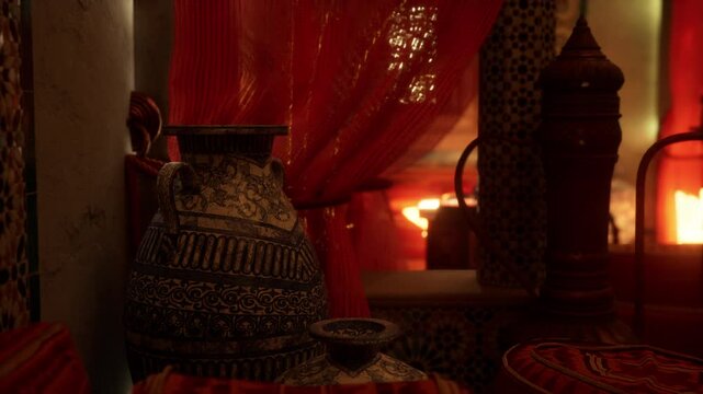 Arabic-Inspired Vase on Table, Accentuated by Red Curtain and Soft Light