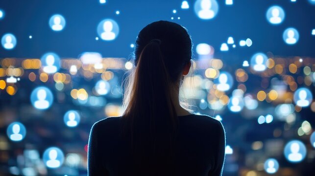Businesswoman in silhouette against vibrant night cityscape, engaging with digital social connection icons, showcasing connectivity and technology.
