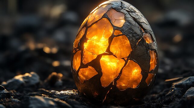 Glowing Cracked Egg Rests On Dark Embers - Powered by Adobe
