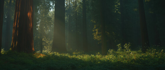 Obraz premium Majestic redwood trees reaching towards the sky in a serene forest landscape