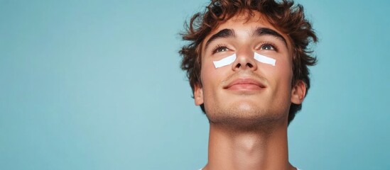 Young man applying whitening strips indoors with light blue background, closeup portrait focusing on facial skincare routine and empty copyspace.