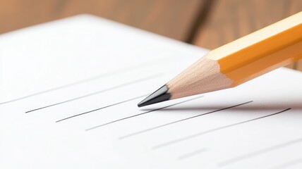 Yellow pencil on blank paper with drawn lines wooden surface