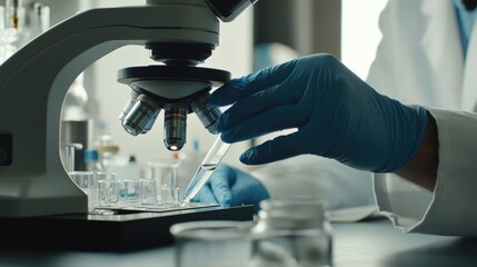 Working in micro labs to analyze human health in a hospital glare of orange light