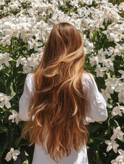 Naklejka premium Long haired woman standing among blooming white flowers in vibrant spring garden, bright natural light, close-up composition focusing on hair and flora.