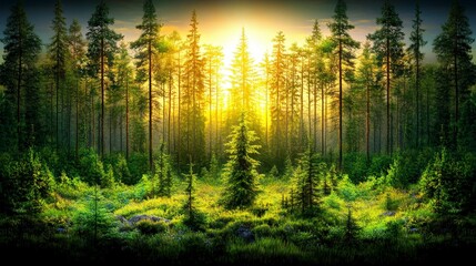 Golden Sunrise Illuminates Majestic Pine Forest