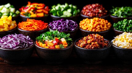 Fototapeta premium Colorful Display of Western and Chinese Dishes with Fresh Ingredients and Vibrant Flavors