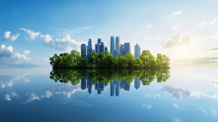 Fototapeta premium A serene city skyline reflects in calm waters, surrounded by lush greenery under a bright sky with scattered clouds.