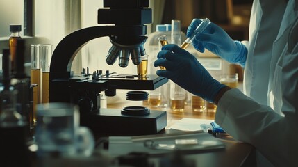 Working in micro labs to analyze human health in a hospital glare of orange light