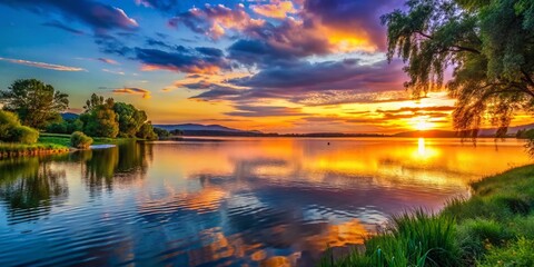 Serene Sunset Over Calm Water: Peaceful Evening Landscape Photography