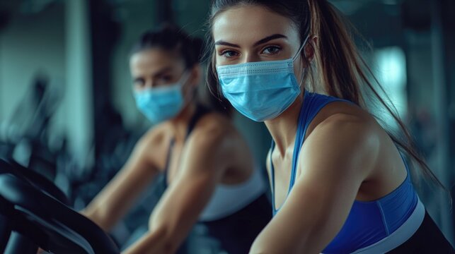Young athletic woman and personal trainer exercising on stationary bikes in gym wearing blue protective face masks during COVID-19 pandemic indoors. - Powered by Adobe