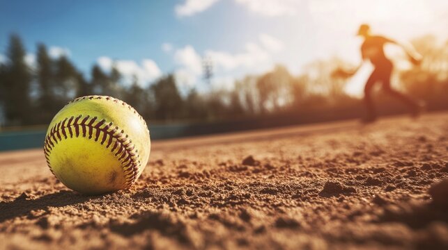 Softball player training on outdoor dirt field with yellow baseball in foreground, athlete preparing to throw, warm sunlight and blue sky.