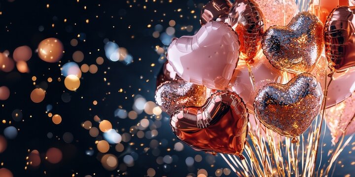Heart-shaped balloons with glitter design floating in dark background illuminated by soft bokeh lights creating dreamy romantic celebration atmosphere perfect for Valentine's Day greeting card