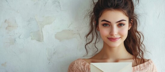 Brunette woman with curly hair holding an envelope, smiling, against a textured light gray wall, warm natural lighting, promoting email communication concepts.