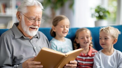 A joyful grandfather reads a story to three smiling children, creating a warm and engaging family moment indoors.