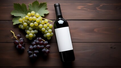 Obraz premium Elegant Wine Bottle with Fresh Red Grapes and Vine Leaves on Rustic Wooden Table - Perfect for Wine and Vineyard Themes