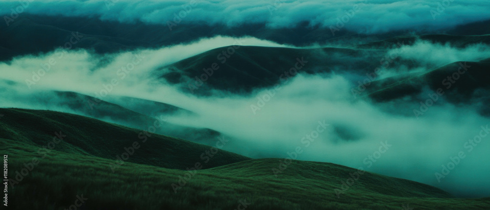 Poster misty rolling hills shrouded in fog create an atmospheric landscape at dawn