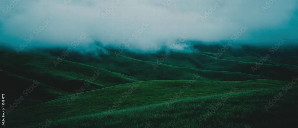 Poster rolling hills enveloped in dense fog create a mysterious and atmospheric landscape