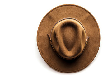 A brown felt hat viewed from above, showcasing its round shape and wide brim. isolated on white background