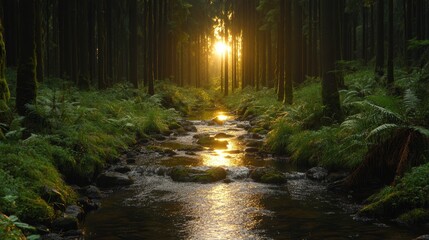 Obraz premium Golden Sunset Illuminates Forest Stream and Trees