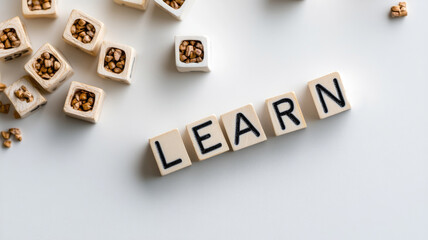 Wooden blocks spelling "LEARN" and other scattered on white surface