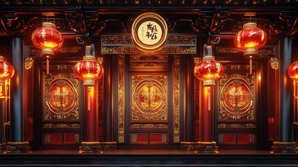 Obraz premium beautiful Chinese New Year 2025 sign with traditional red and gold colors, glowing lanterns, and intricate border designs