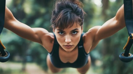 Fit woman with short hair performing push ups using TRX fitness straps in an outdoor park setting under natural daylight showcasing athletic physique and strength
