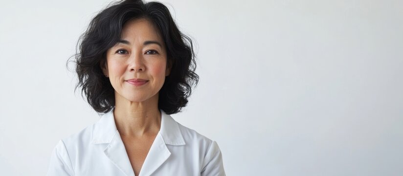 Confident middle-aged Asian female doctor in a white lab coat, standing against a soft white background, warm lighting, portrait shot.