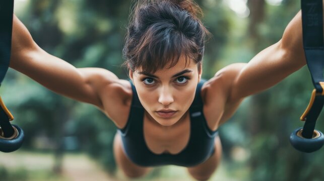 Fit woman with short hair performing push ups using TRX fitness straps in an outdoor park setting under natural daylight showcasing athletic physique and strength