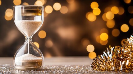 Elegant hourglass with gold bokeh lights in background