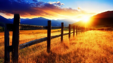 Obraz premium Golden Sunset Over Grassland with Wooden Fence