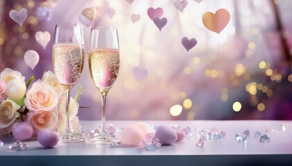 champagne glasses and a small bouquet, with pastel hearts floating in the air