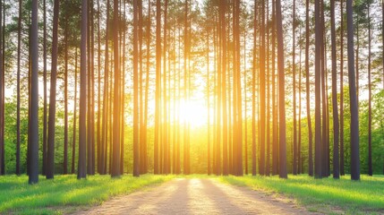 Obraz premium Golden Sunset Through Pine Forest Path