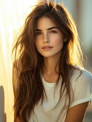 Naklejka premium Brunette woman with long, flowing hair in casual white t-shirt, captured in soft golden evening light, close-up portrait with warm highlights.