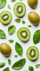 Fototapeta premium Bright green kiwi slices are arranged with whole kiwis and soft green leaves, showcasing their unique textures and colors. A delightful visual feast evokes freshness and health