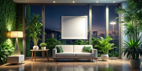 Fototapeta premium Serene Urban Loft: Blank Frame, Modern Furnishings & Lush Greenery at Night