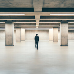 Fototapeta premium Solitary figure in minimalist urban environment a modern architectural perspective
