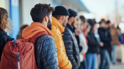 Side view of diverse group of people in line at a refugee assistance center, soft focus background, warm tones, urban outdoor setting, community support atmosphere.