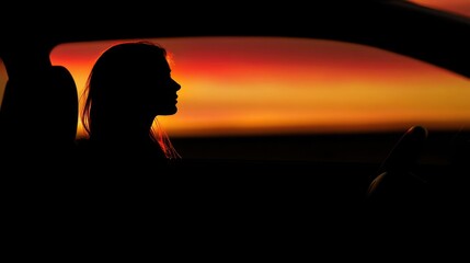 Fototapeta premium Silhouette of a young woman in a car driver's seat against a vibrant sunset with warm orange and purple hues, capturing a serene moment.