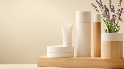A minimalist display of skincare products with lavender, emphasizing beauty and wellness.