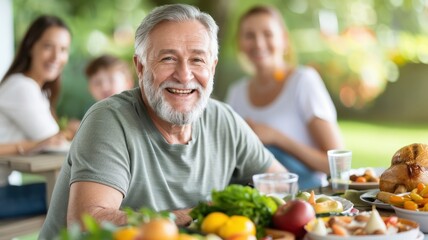 A joyful elderly man smiles at a family gathering with a delicious spread of food, surrounded by loved ones in a sunny outdoor setting.