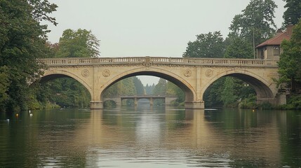 Obraz premium Stone arch bridge spanning calm river, flanked by lush greenery under overcast sky.