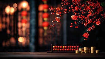 Traditional Abacus Surrounded by Gold Coins and Orchids in a Festive Setting