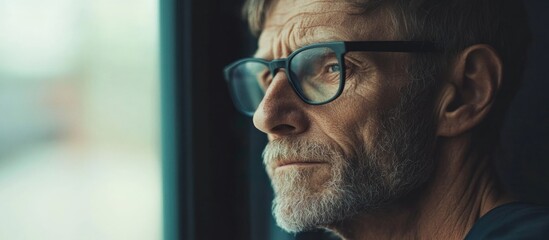 Pensive senior man in glasses looking out window reflecting on memories with melancholic expression, showcasing emotions of loneliness and dementia, indoors.