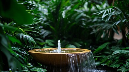 Tranquil indoor fountain, lush greenery, water feature, relaxation, spa ambiance, wellness.