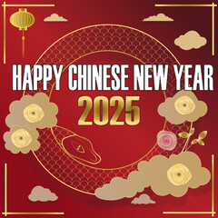 Celebratory image for the Chinese New Year 2025, showcasing golden snake graphics, floral elements, and traditional decorations over a red background